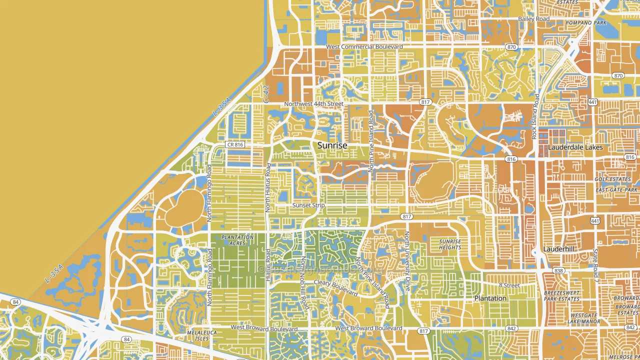Map of the best neighborhoods in the Sunrise area, with better matches in green and worse matches in red