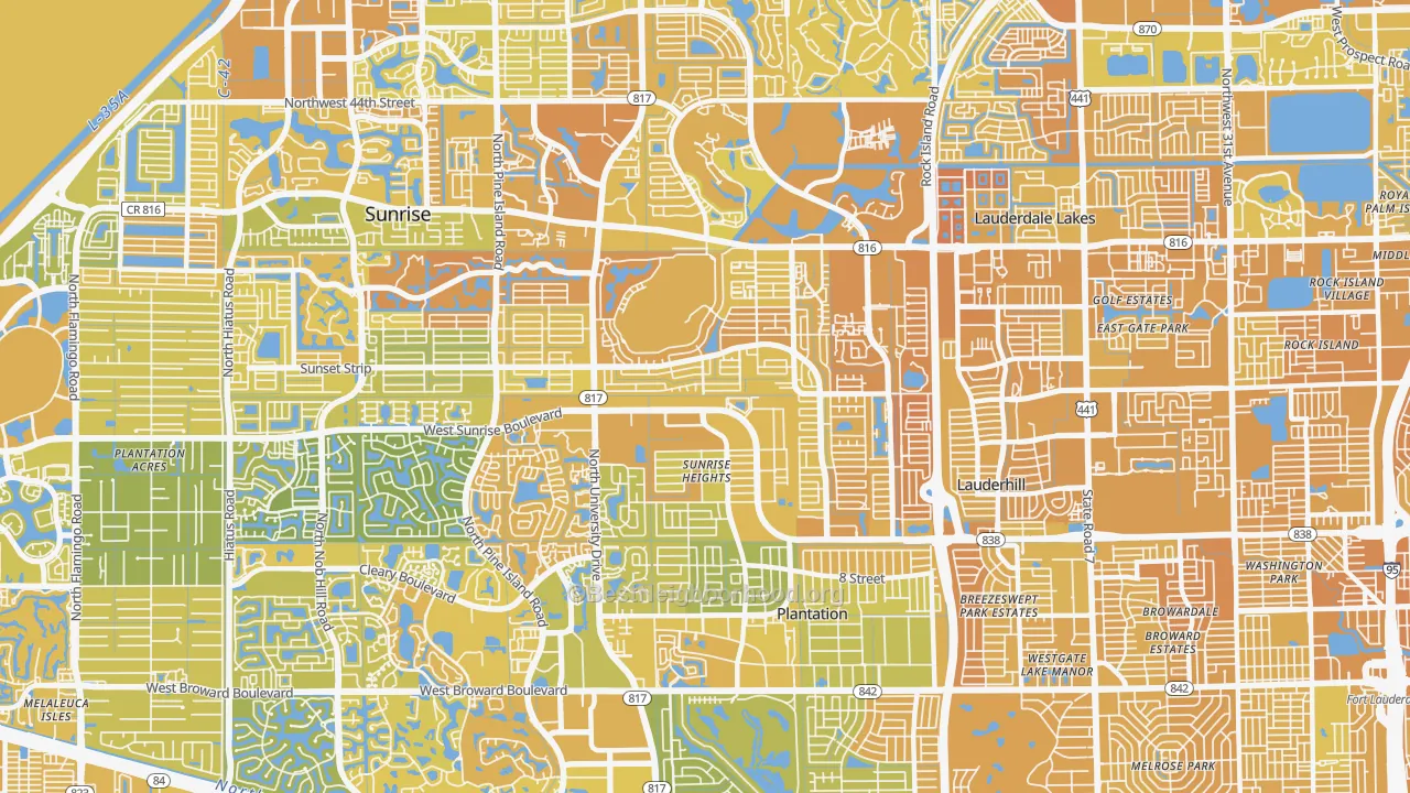 Map of the best neighborhoods in the Sunrise Golf Village East, Sunrise area, with better matches in green and worse matches in red