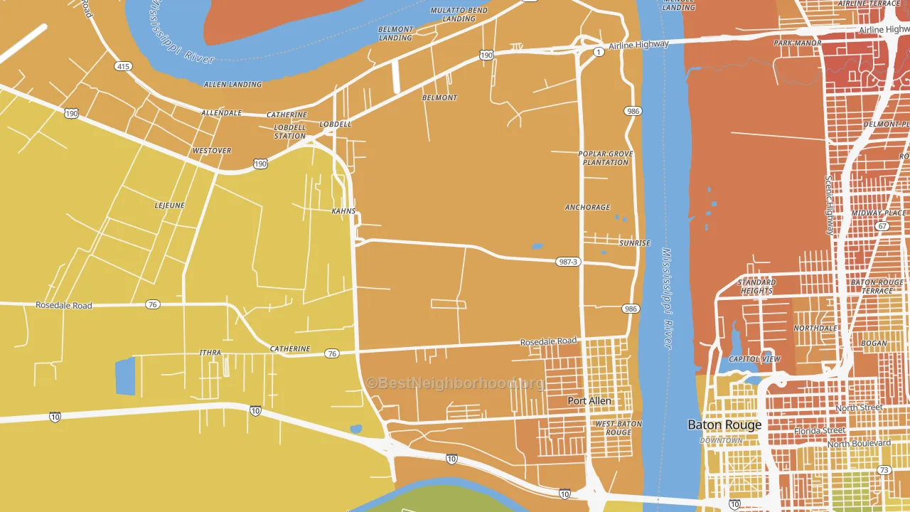 Map of the best neighborhoods in the Sunrise area, with better matches in green and worse matches in red