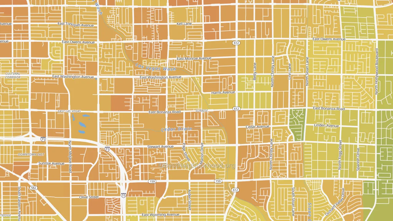 Map of the best neighborhoods in the Sunrise, Las Vegas area, with better matches in green and worse matches in red