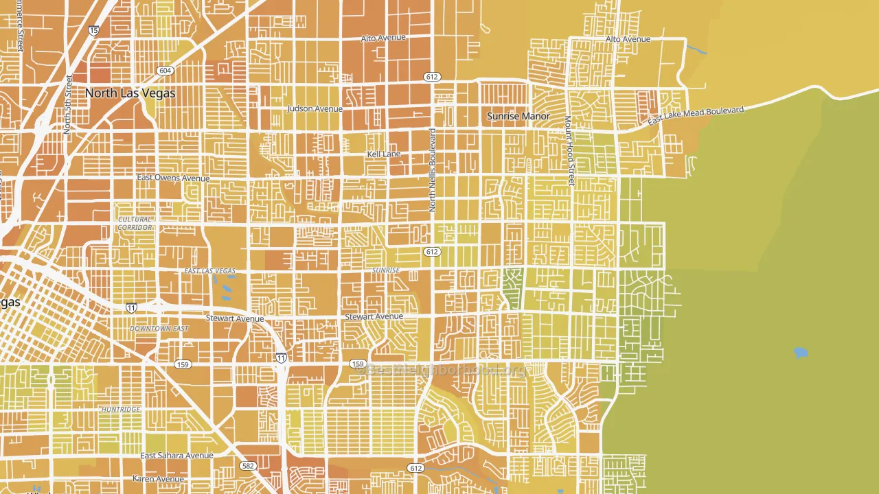 Map of the best neighborhoods in the Sunrise Manor area, with better matches in green and worse matches in red