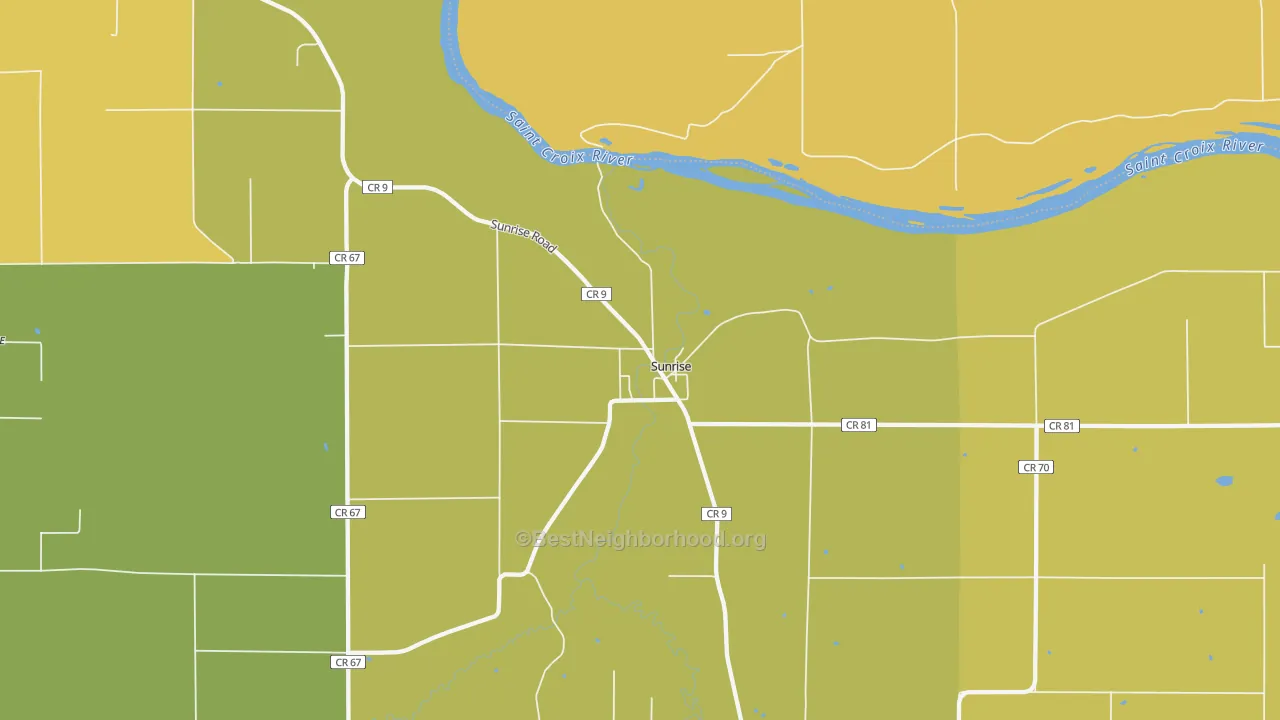 Map of the best neighborhoods in the Sunrise area, with better matches in green and worse matches in red