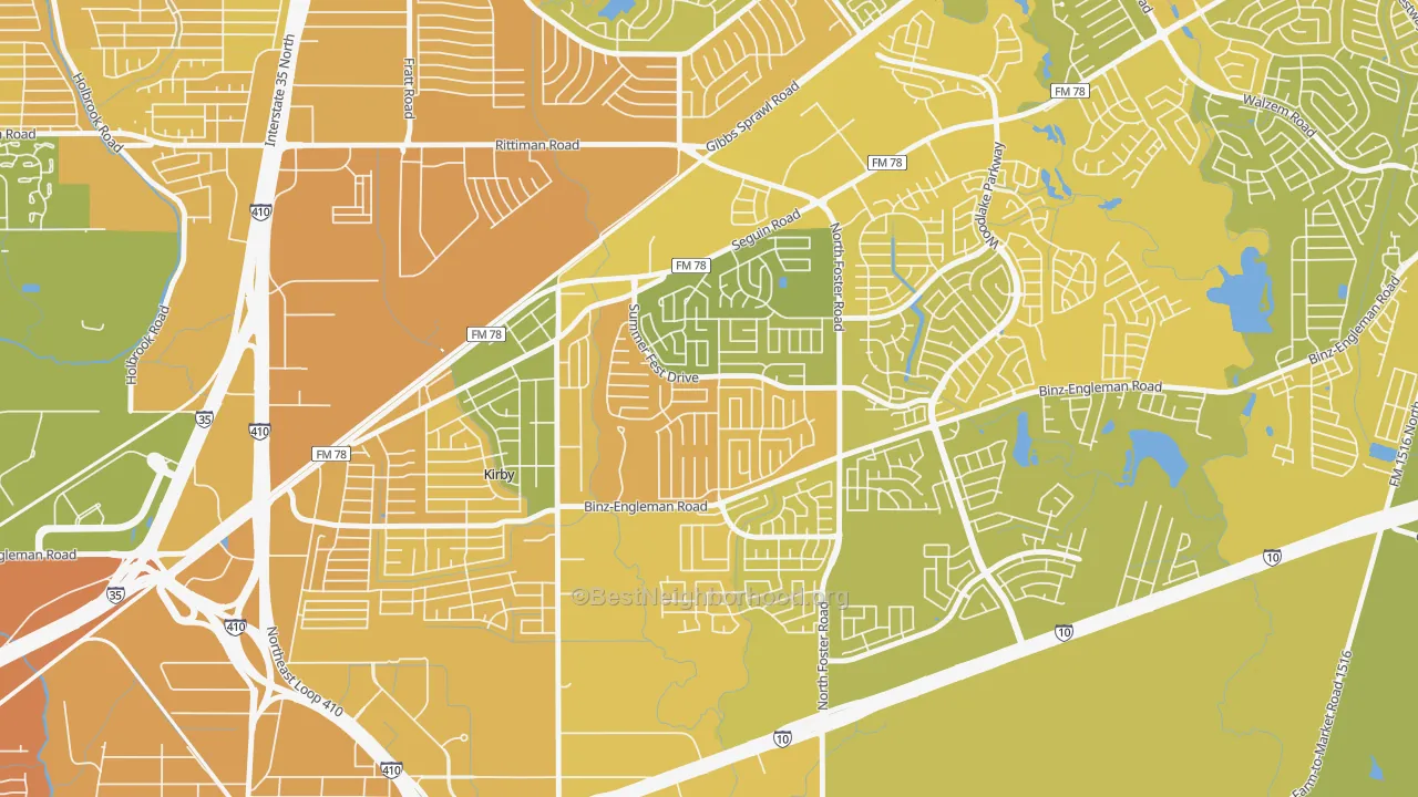 Map of the best neighborhoods in the Sunrise, San Antonio area, with better matches in green and worse matches in red