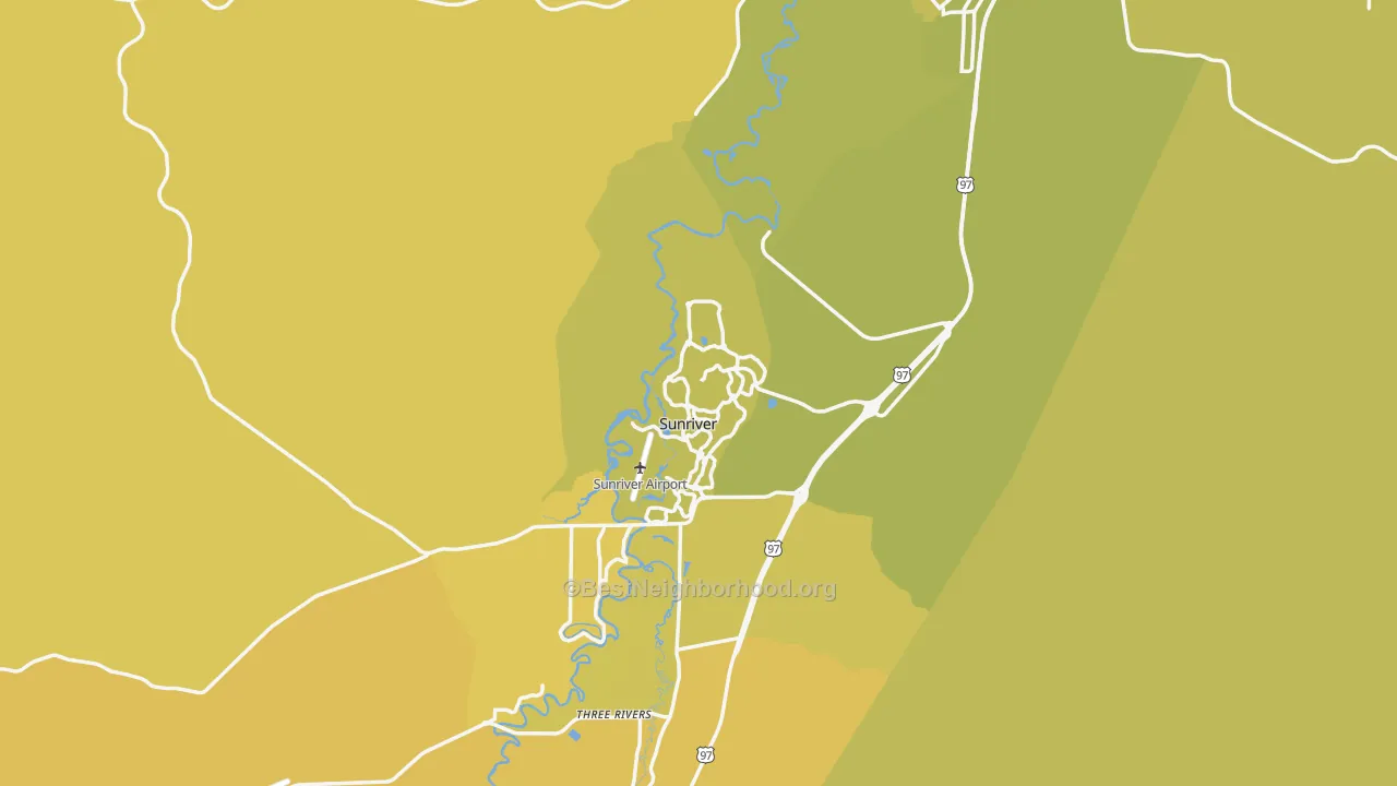 Map of the best neighborhoods in the Sunriver area, with better matches in green and worse matches in red