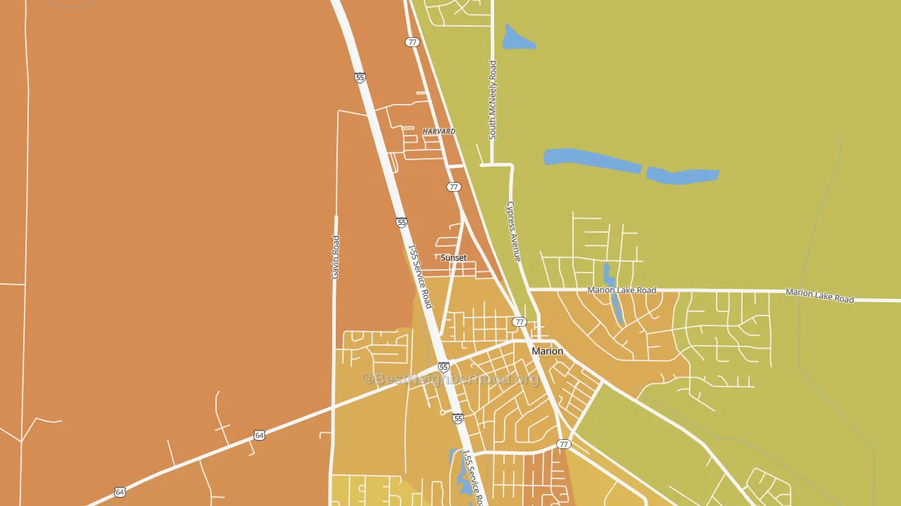 Map of the best neighborhoods in the Sunset area, with better matches in green and worse matches in red