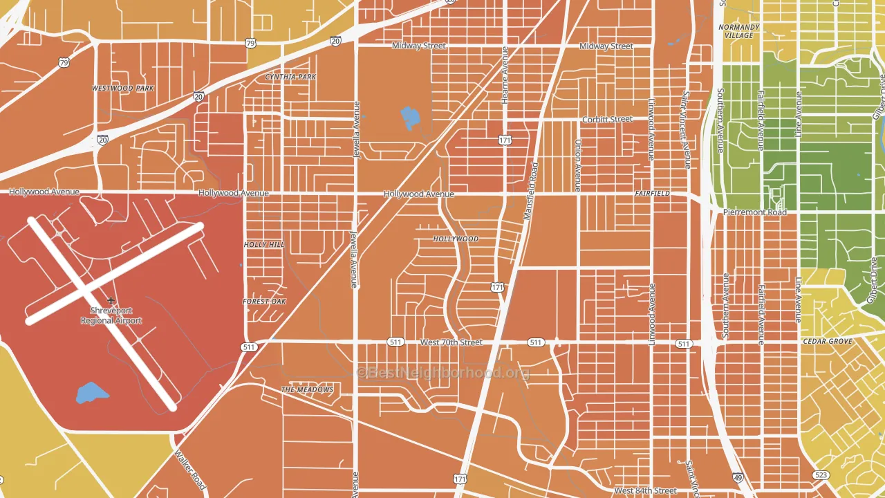 Map of the best neighborhoods in the Sunset Arcre-Garden Valley-Morningside, Shreveport area, with better matches in green and worse matches in red