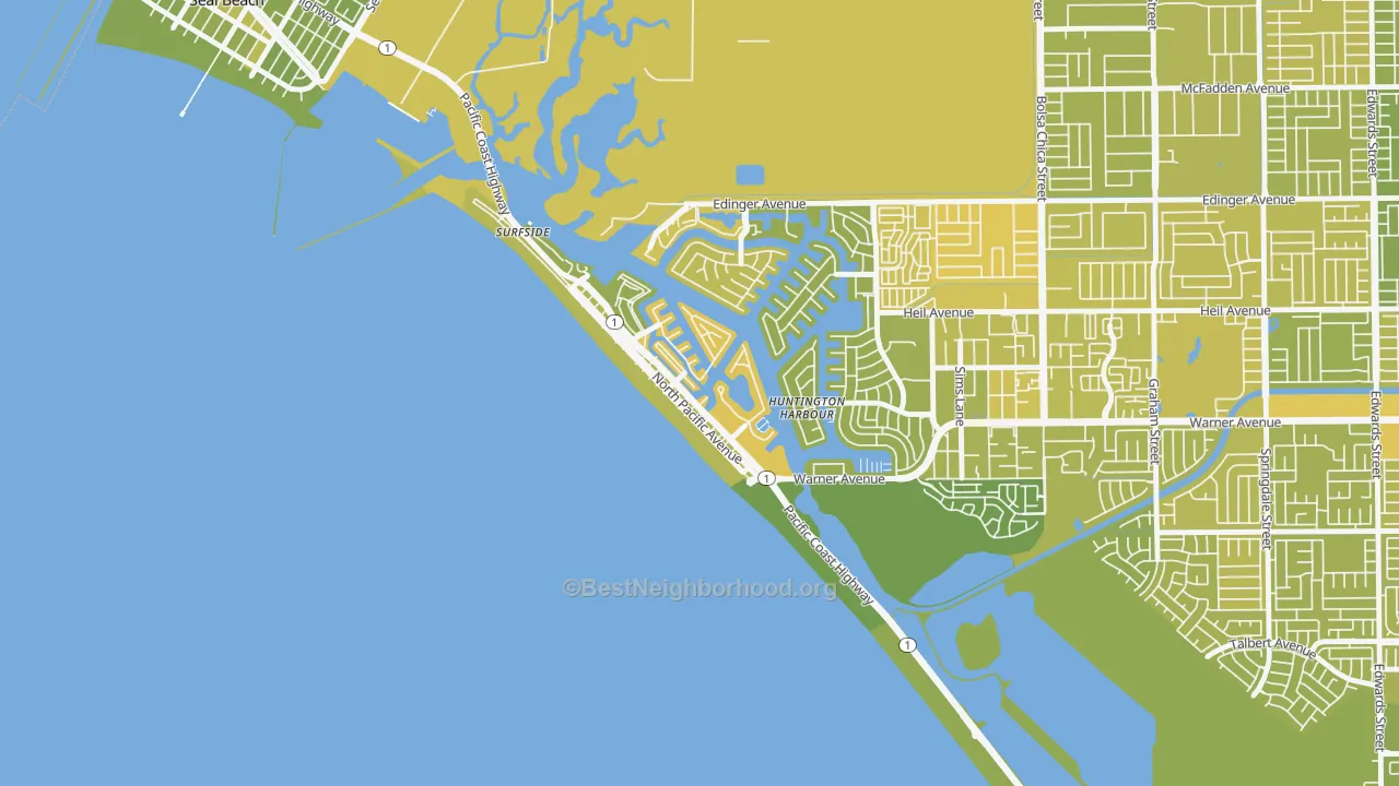 Map of the best neighborhoods in the Sunset Beach area, with better matches in green and worse matches in red