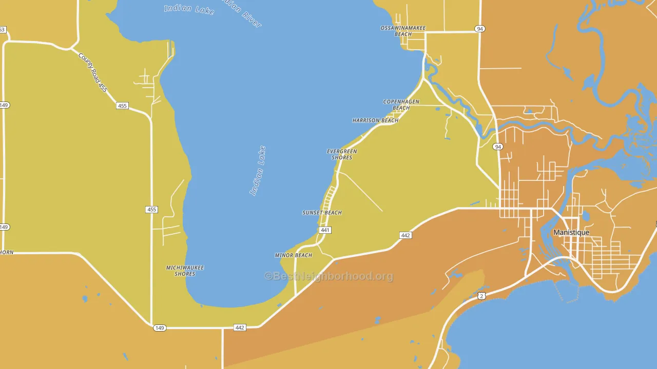 Map of the best neighborhoods in the Sunset Beach area, with better matches in green and worse matches in red