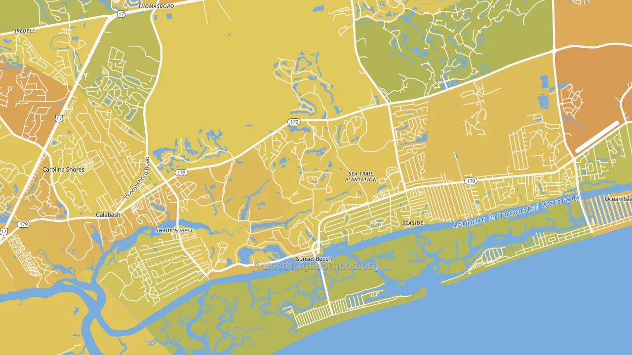 Map of the best neighborhoods in the Sunset Beach area, with better matches in green and worse matches in red