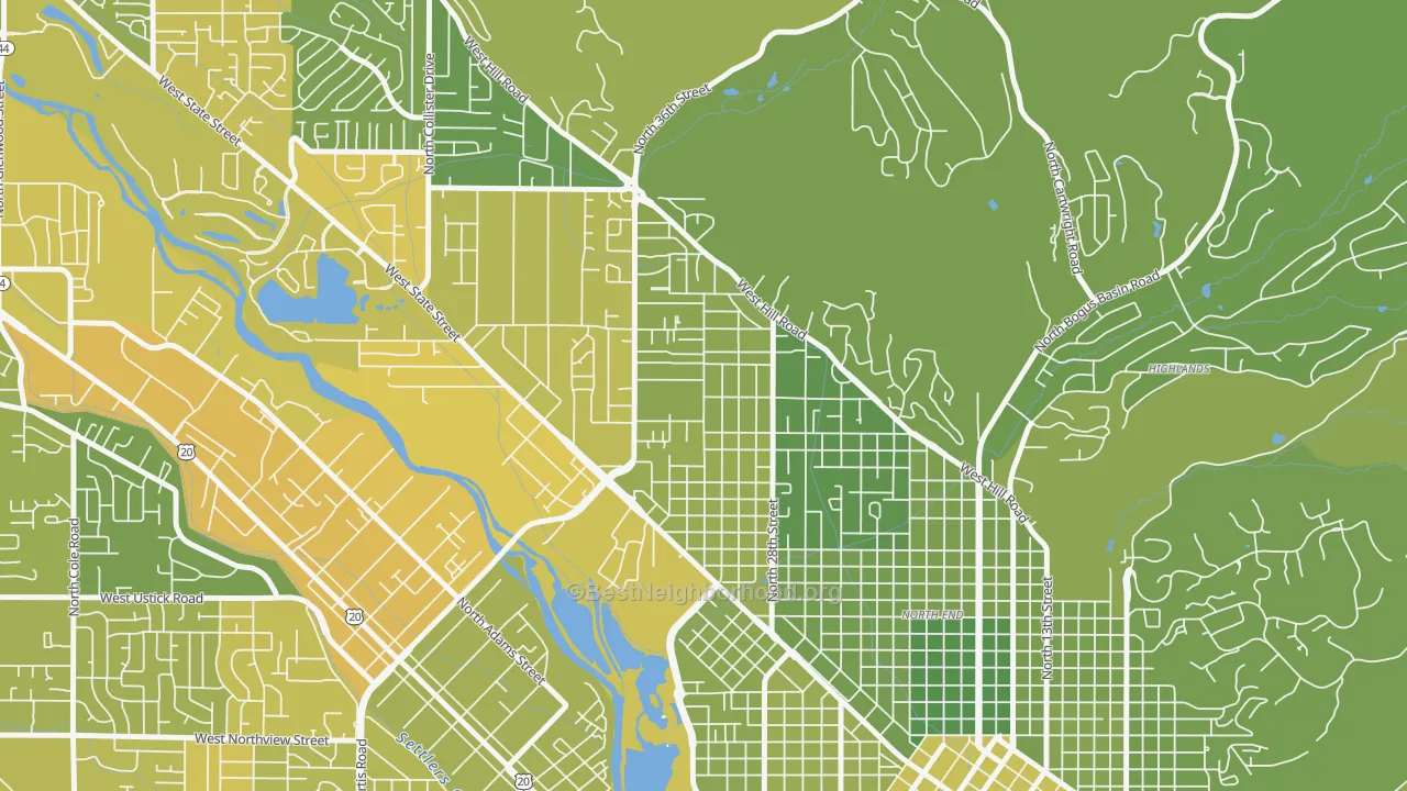 Map of the best neighborhoods in the Sunset, Boise area, with better matches in green and worse matches in red