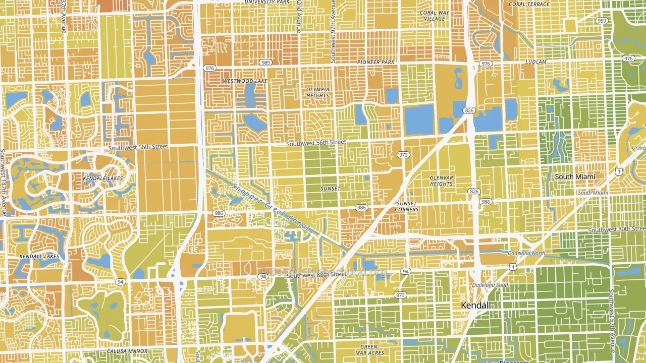 Map of the best neighborhoods in the Sunset area, with better matches in green and worse matches in red