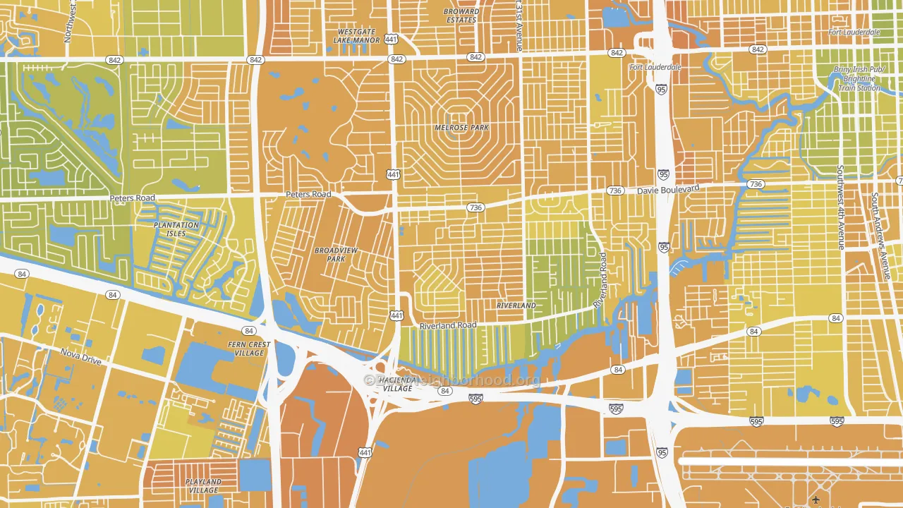 Map of the best neighborhoods in the Sunset, Fort Lauderdale area, with better matches in green and worse matches in red