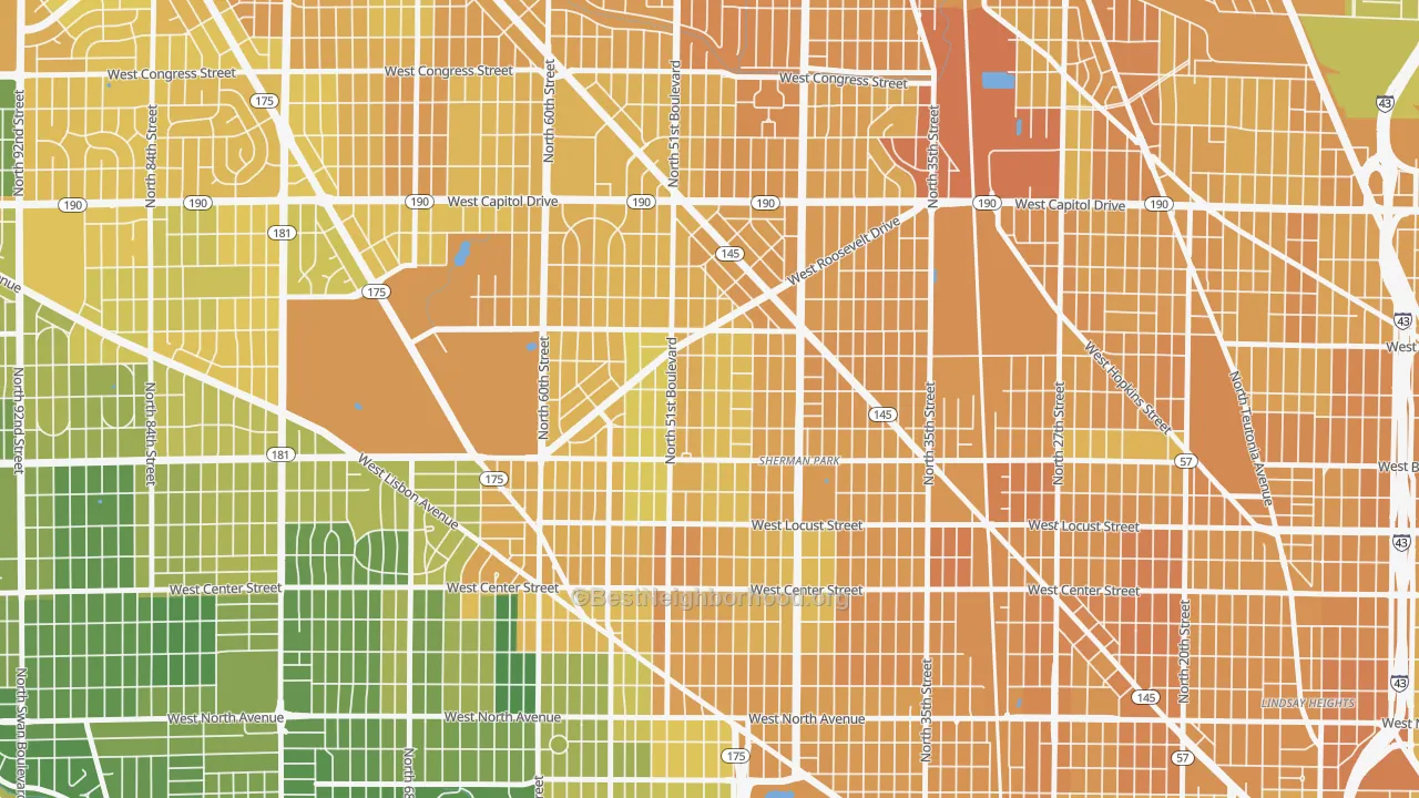 Map of the best neighborhoods in the Sunset Heights, Milwaukee area, with better matches in green and worse matches in red