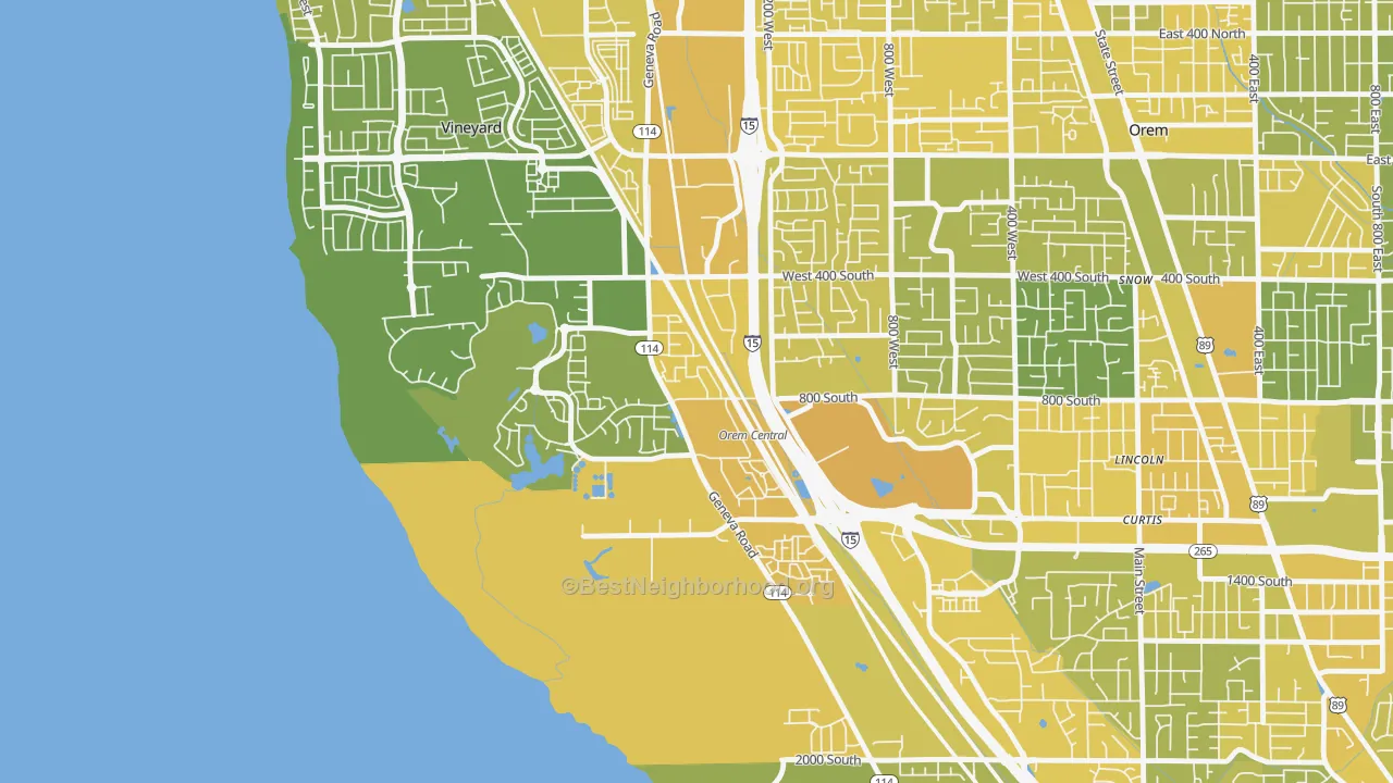 Map of the best neighborhoods in the Sunset Heights, Orem area, with better matches in green and worse matches in red