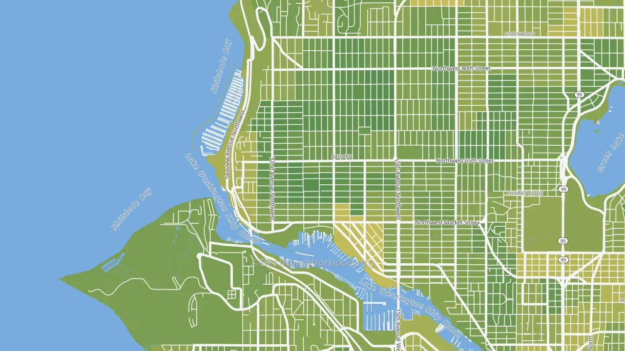 Map of the best neighborhoods in the Sunset Hill, Seattle area, with better matches in green and worse matches in red