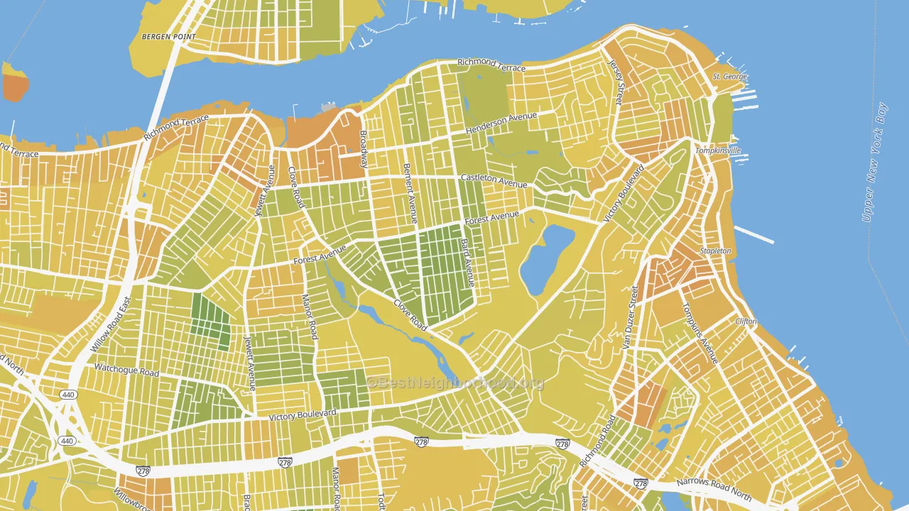 Map of the best neighborhoods in the Sunset Hill, Staten Island area, with better matches in green and worse matches in red