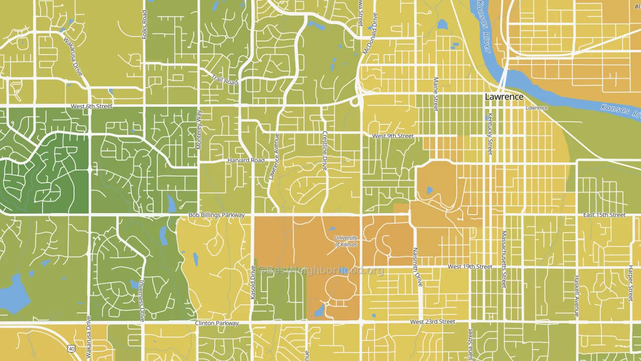 Map of the best neighborhoods in the Sunset Hills, Lawrence area, with better matches in green and worse matches in red