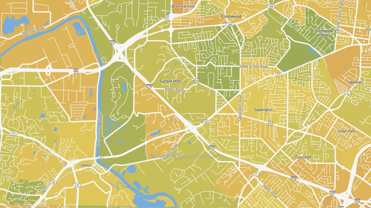Map of the best neighborhoods in the Sunset Hills area, with better matches in green and worse matches in red
