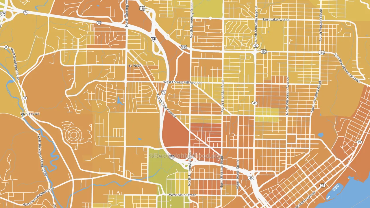 Map of the best neighborhoods in the Sunset Hills, Peoria area, with better matches in green and worse matches in red
