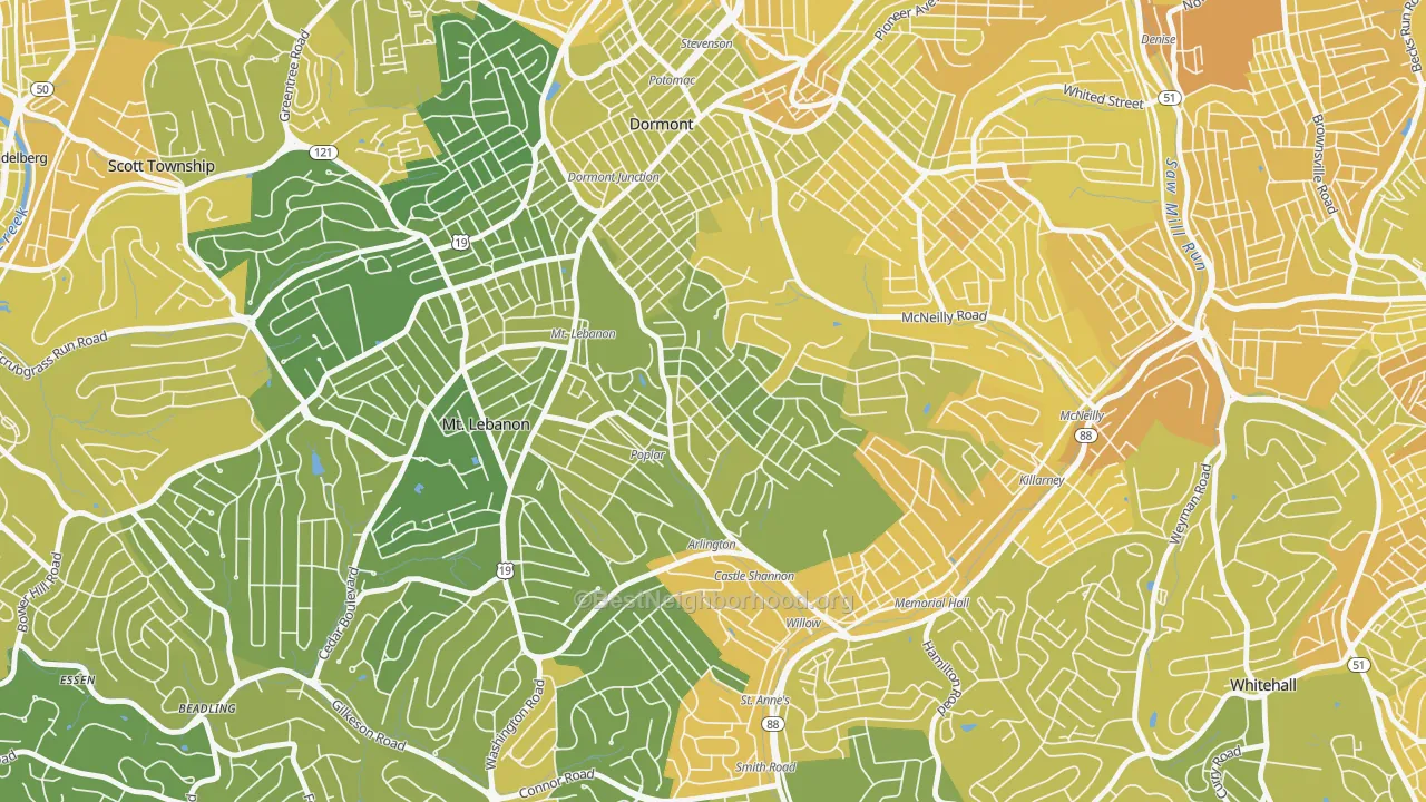 Map of the best neighborhoods in the Sunset Hills, Pittsburgh area, with better matches in green and worse matches in red