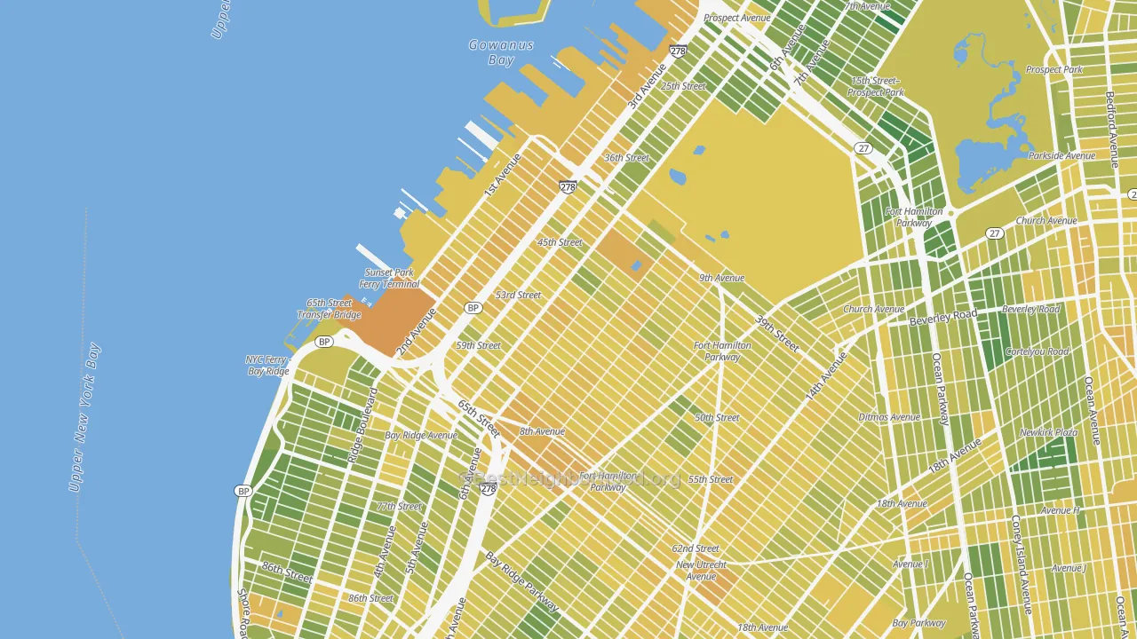 Map of the best neighborhoods in the Sunset Park, Brooklyn area, with better matches in green and worse matches in red