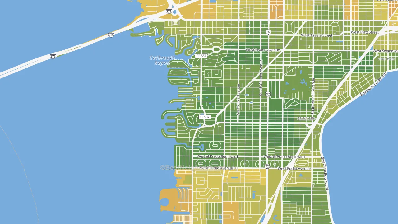Map of the best neighborhoods in the Sunset Park, Tampa area, with better matches in green and worse matches in red