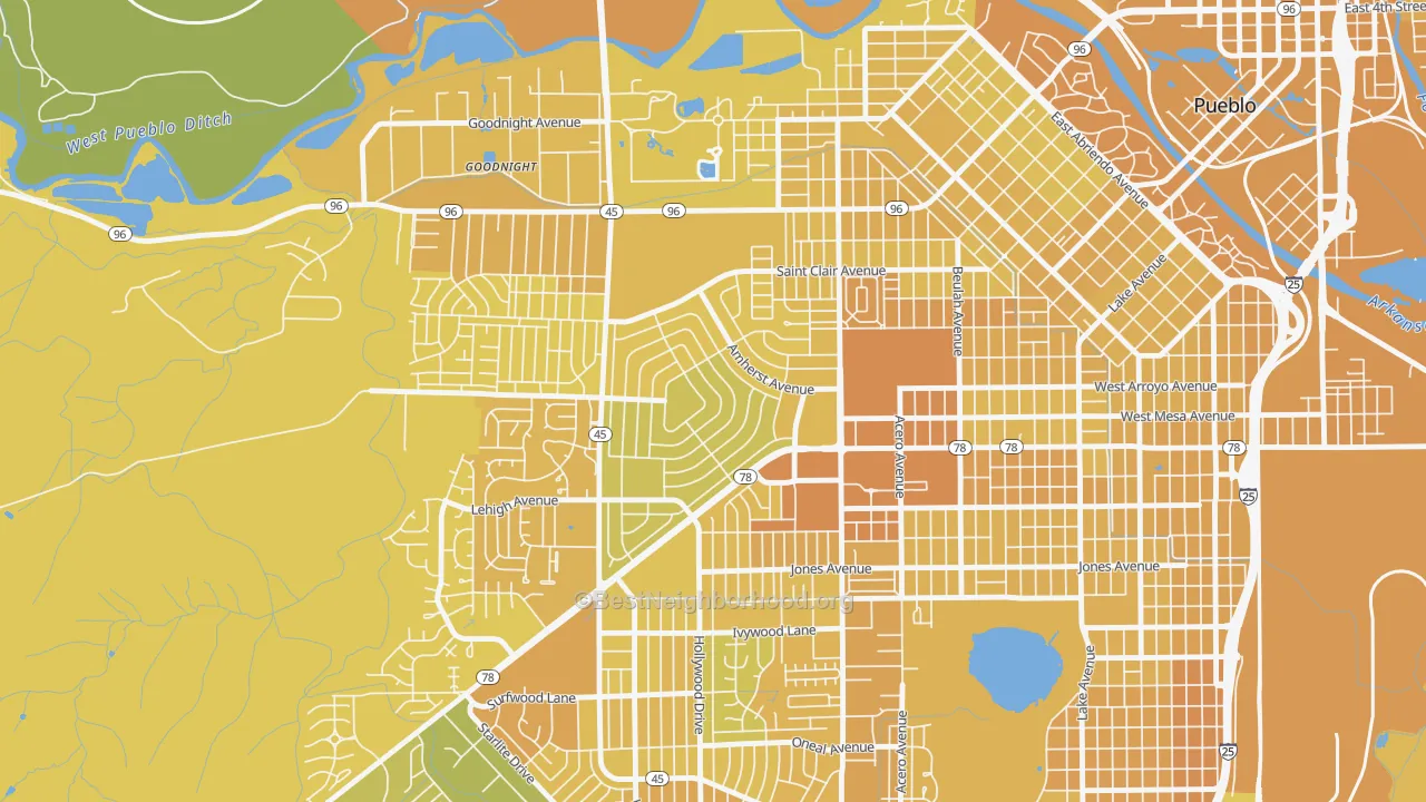 Map of the best neighborhoods in the Sunset, Pueblo area, with better matches in green and worse matches in red