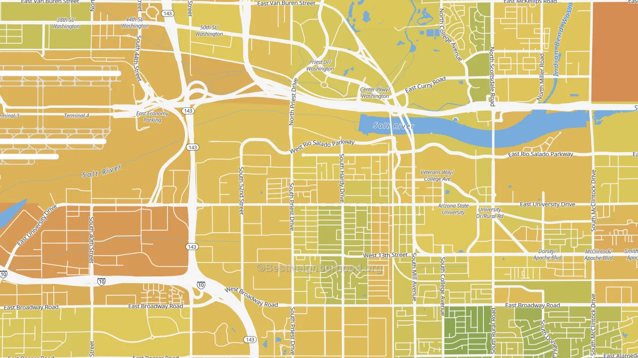 Map of the best neighborhoods in the Sunset, Tempe area, with better matches in green and worse matches in red