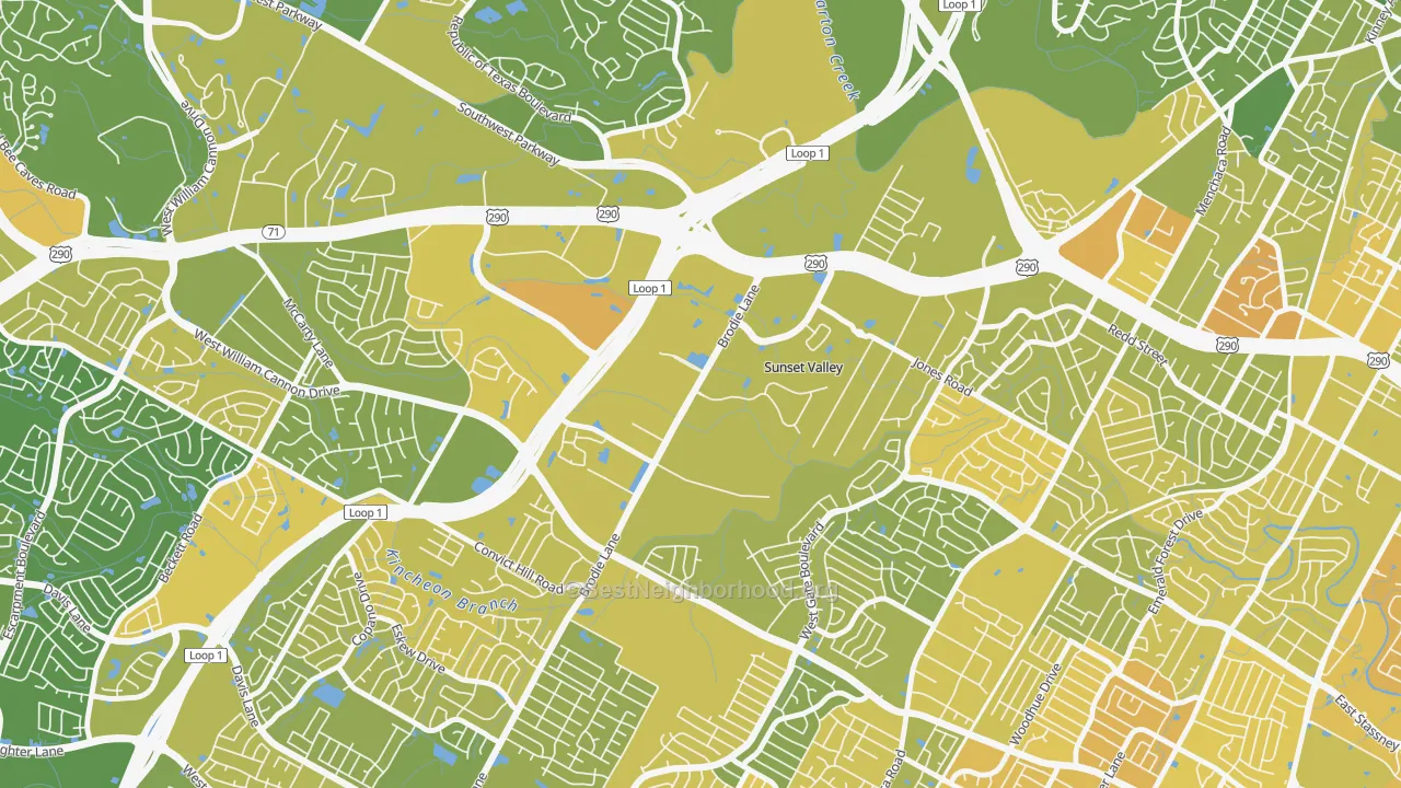 Map of the best neighborhoods in the Sunset Valley area, with better matches in green and worse matches in red