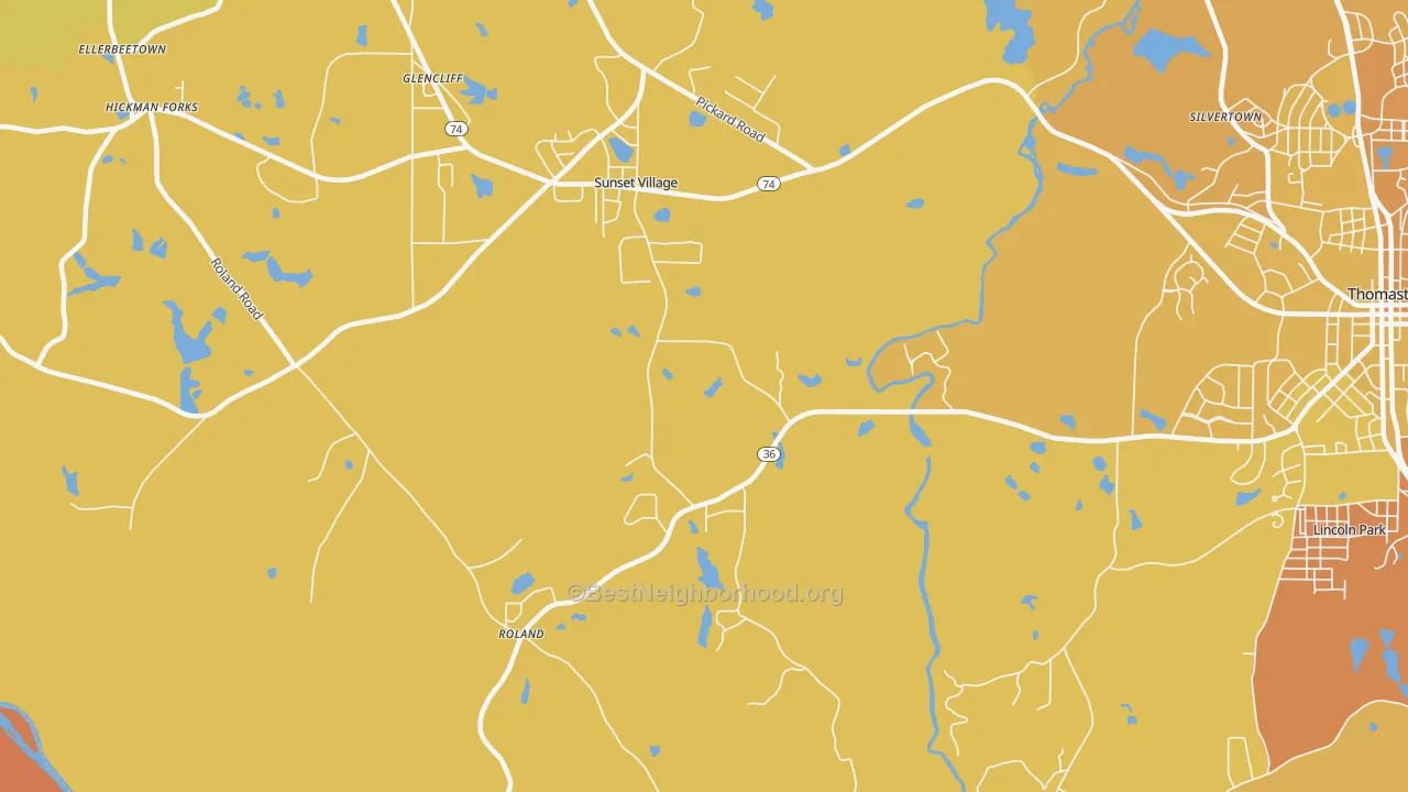 Map of the best neighborhoods in the Sunset Village area, with better matches in green and worse matches in red