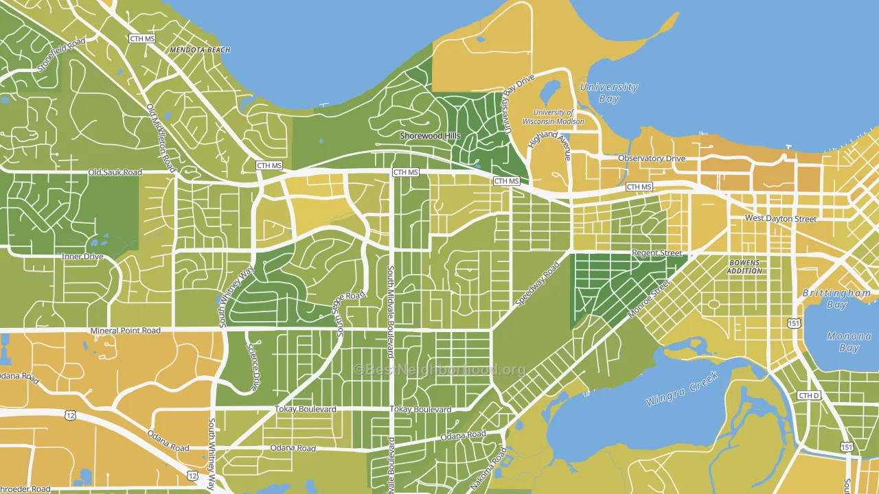 Map of the best neighborhoods in the Sunset Village, Madison area, with better matches in green and worse matches in red