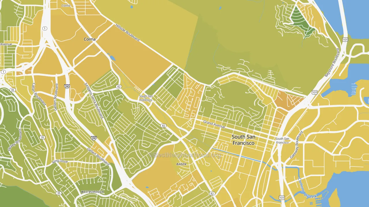 Map of the best neighborhoods in the Sunshine Gardens, South San Francisco area, with better matches in green and worse matches in red