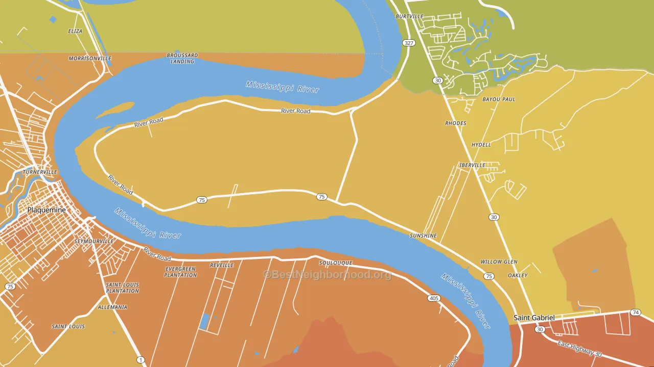 Map of the best neighborhoods in the Sunshine area, with better matches in green and worse matches in red