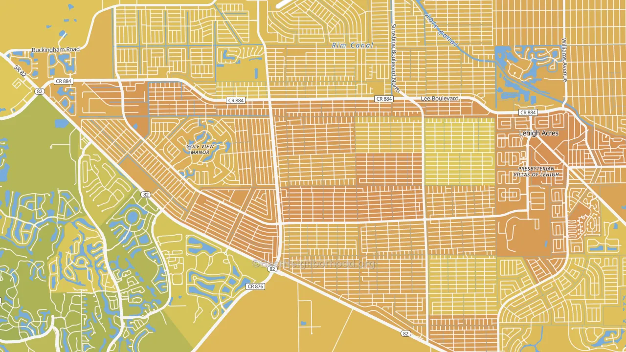 Map of the best neighborhoods in the Sunshine, Lehigh Acres area, with better matches in green and worse matches in red