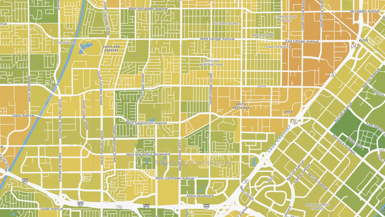 Map of the best neighborhoods in the Sunwood Central, Santa Ana area, with better matches in green and worse matches in red