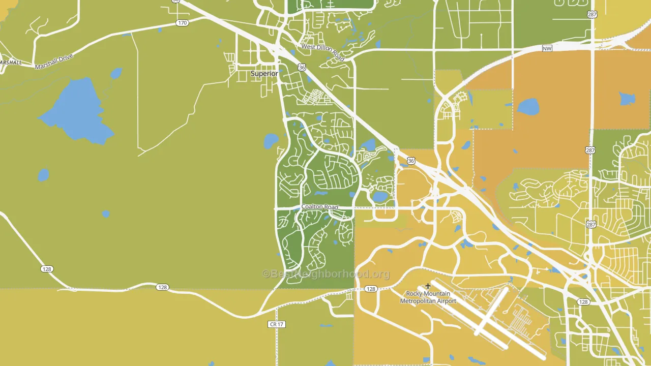 Map of the best neighborhoods in the Superior area, with better matches in green and worse matches in red