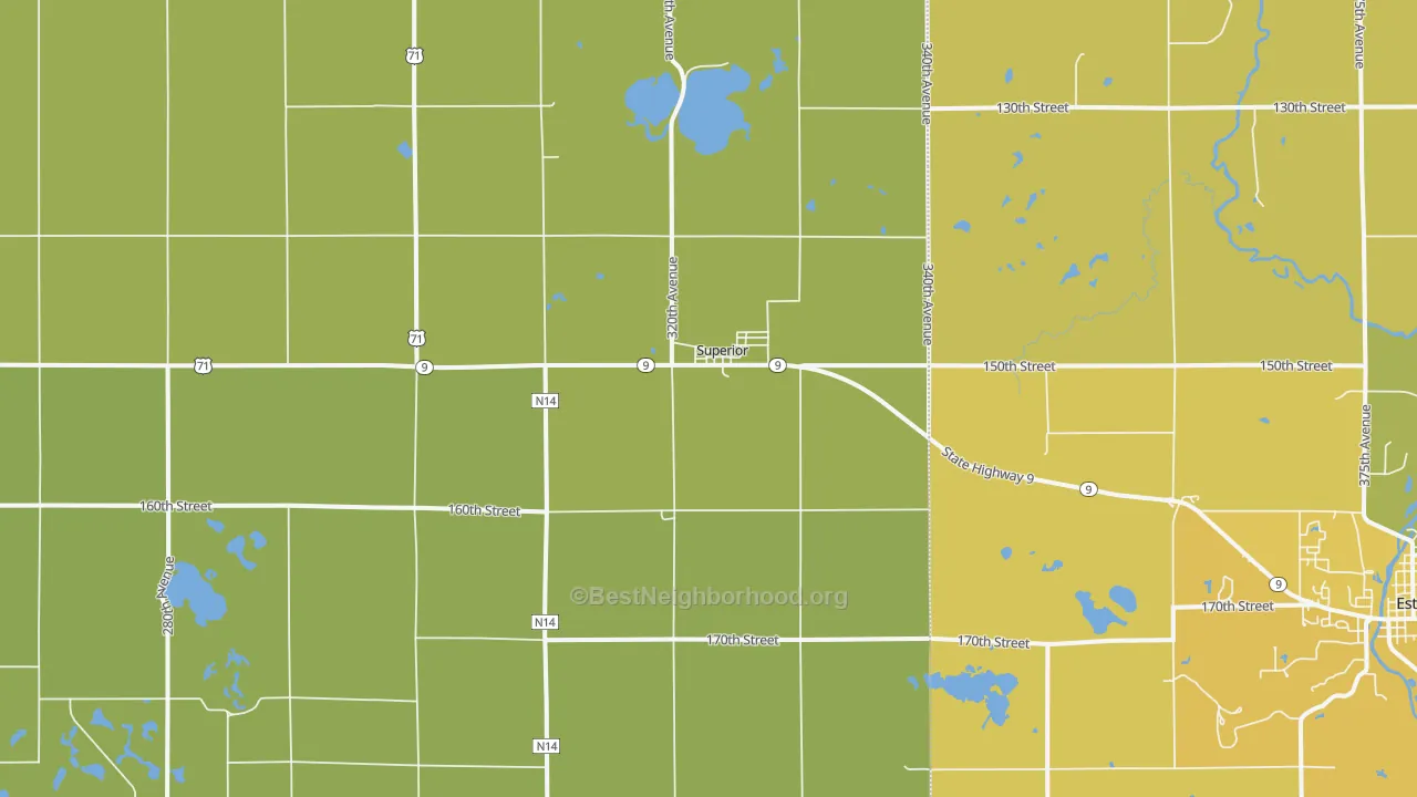 Map of the best neighborhoods in the Superior area, with better matches in green and worse matches in red