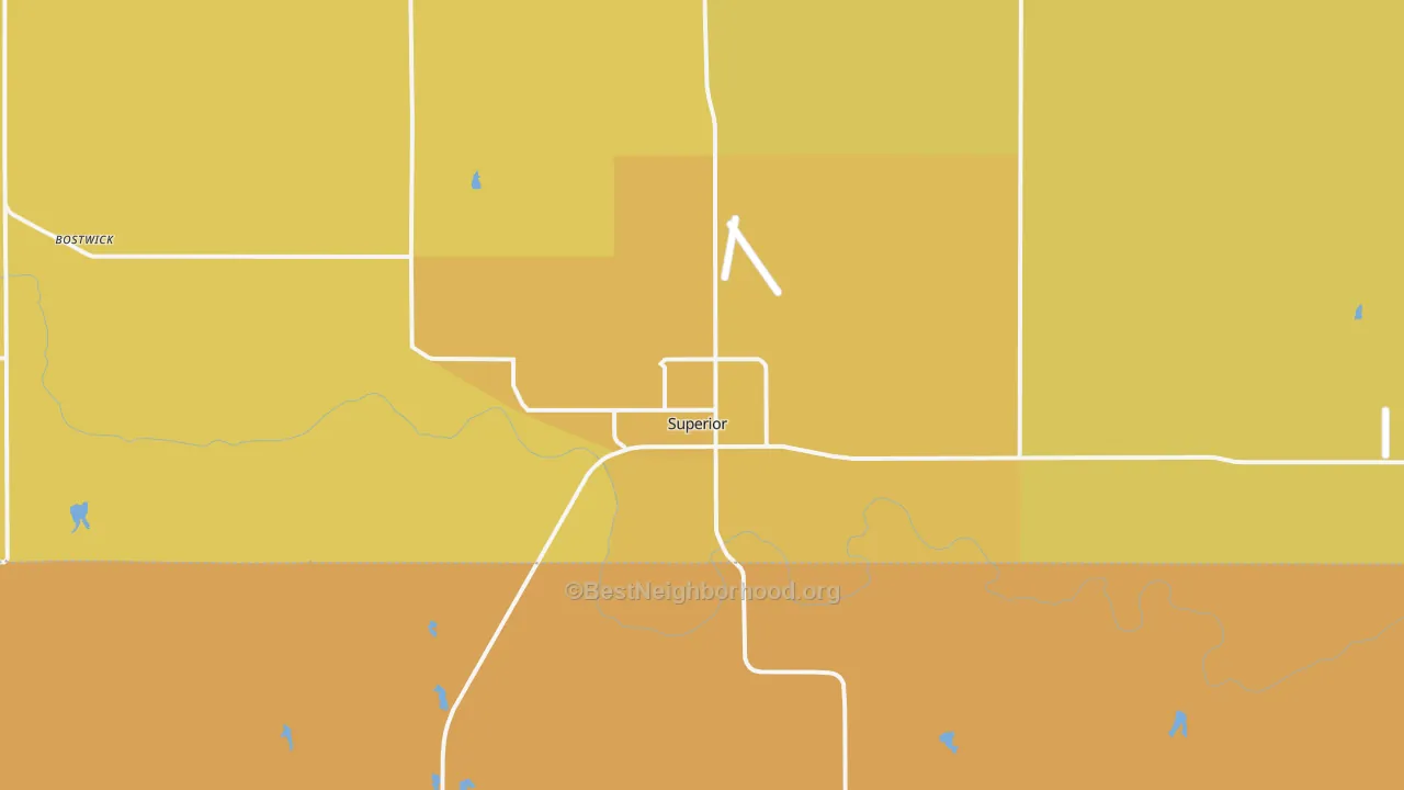 Map of the best neighborhoods in the Superior area, with better matches in green and worse matches in red