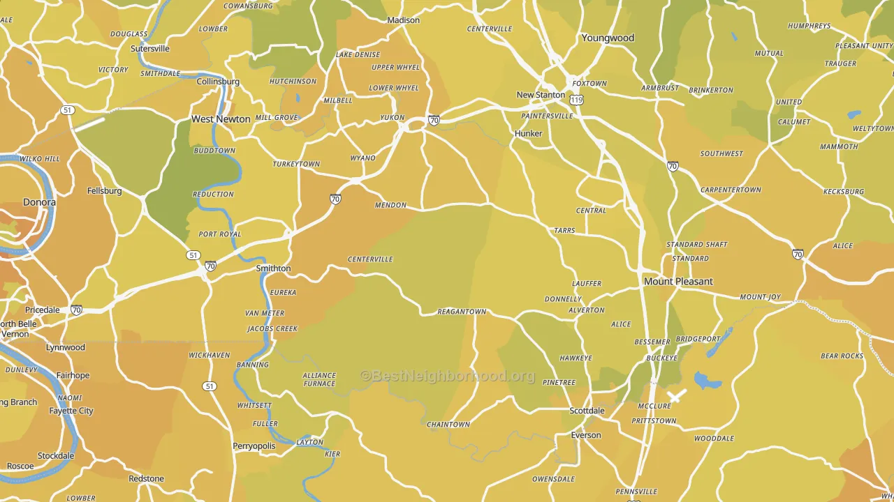 Map of the best neighborhoods in the Superior area, with better matches in green and worse matches in red