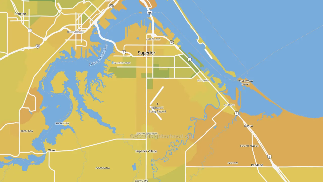 Map of the best neighborhoods in the Superior area, with better matches in green and worse matches in red