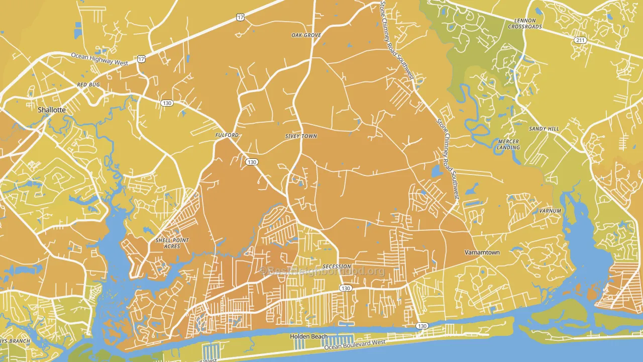 Map of the best neighborhoods in the Supply area, with better matches in green and worse matches in red