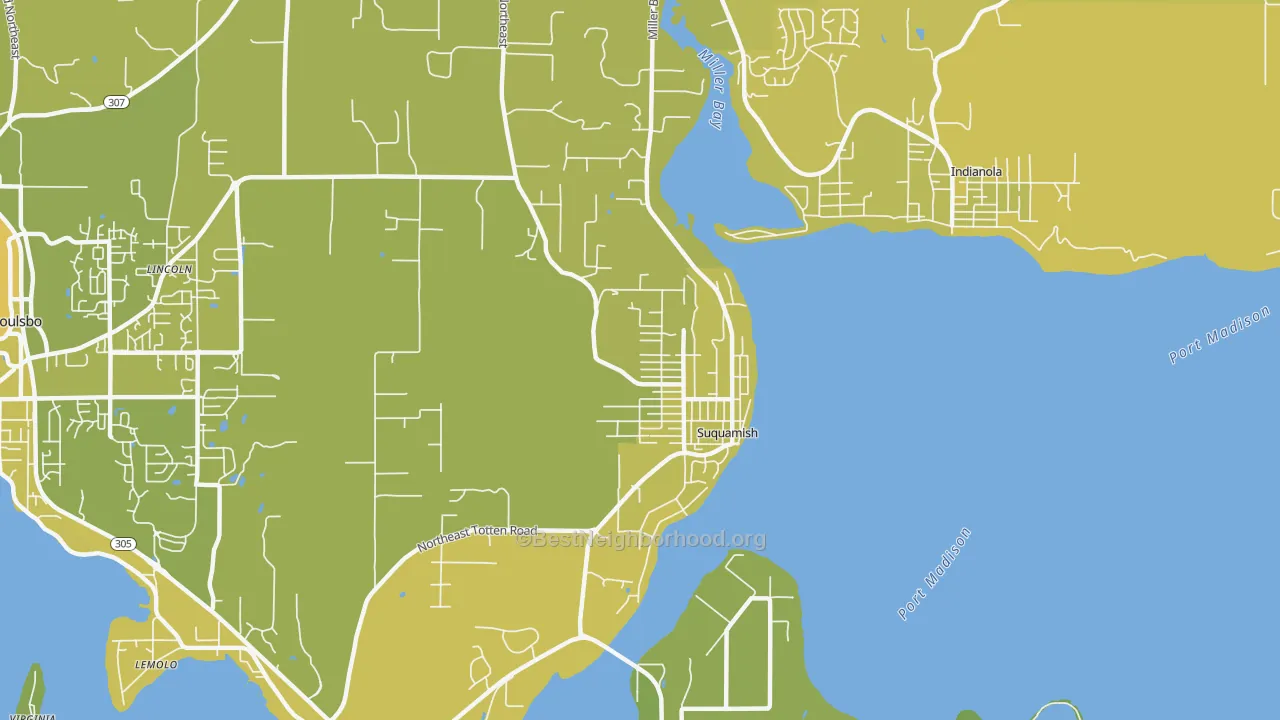 Map of the best neighborhoods in the Suquamish area, with better matches in green and worse matches in red