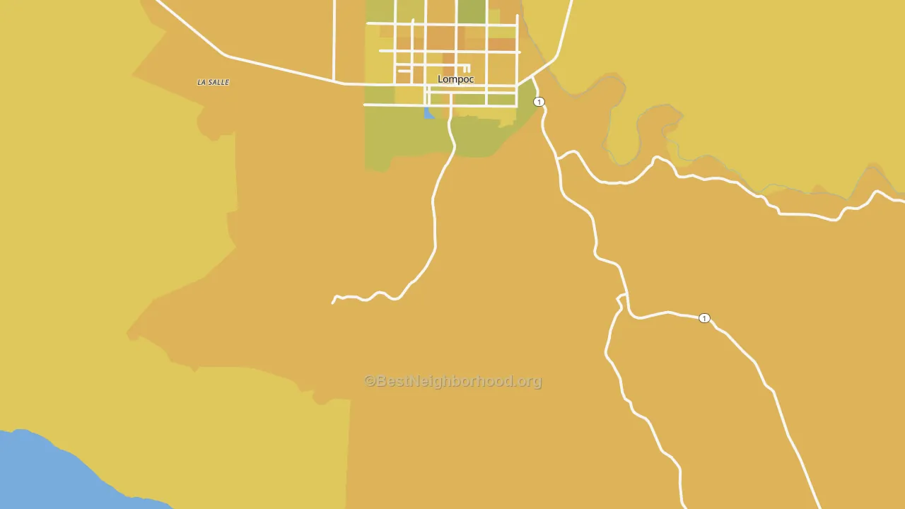 Map of the best neighborhoods in the Surf area, with better matches in green and worse matches in red