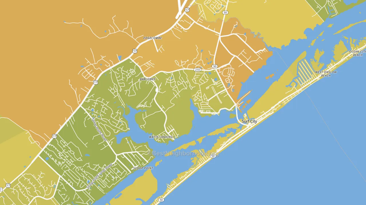 Map of the best neighborhoods in the Surf City area, with better matches in green and worse matches in red