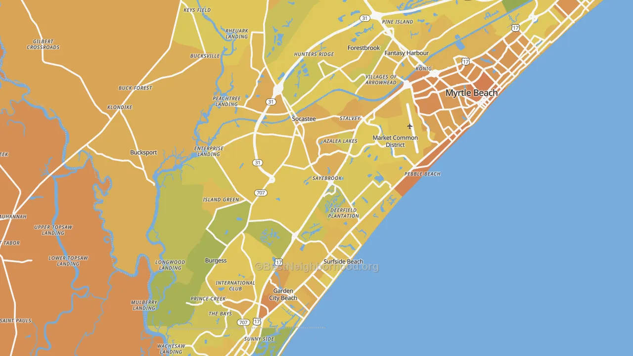 Map of the best neighborhoods in the Surfside Beach area, with better matches in green and worse matches in red