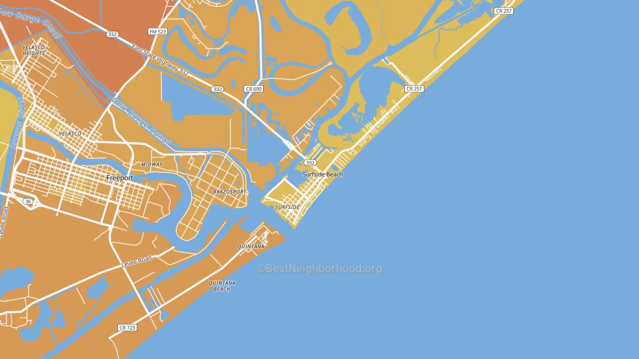 Map of the best neighborhoods in the Surfside Beach area, with better matches in green and worse matches in red