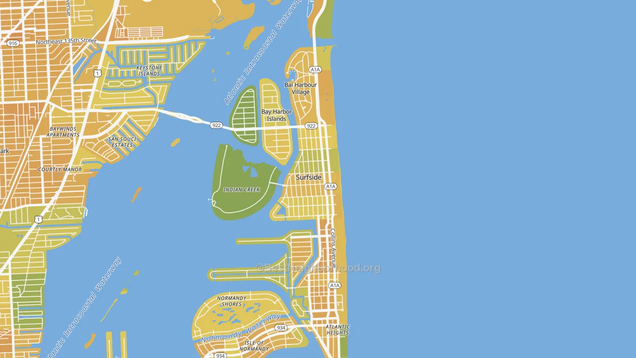 Map of the best neighborhoods in the Surfside area, with better matches in green and worse matches in red