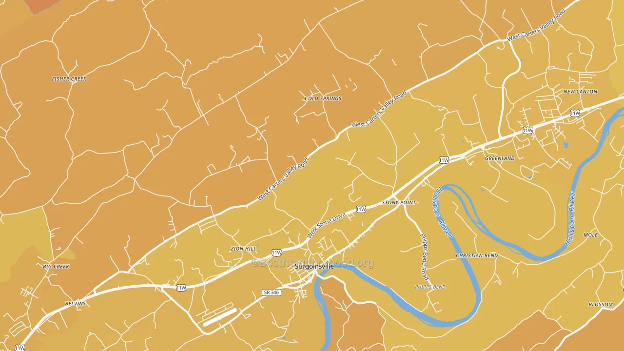 Map of the best neighborhoods in the Surgoinsville area, with better matches in green and worse matches in red