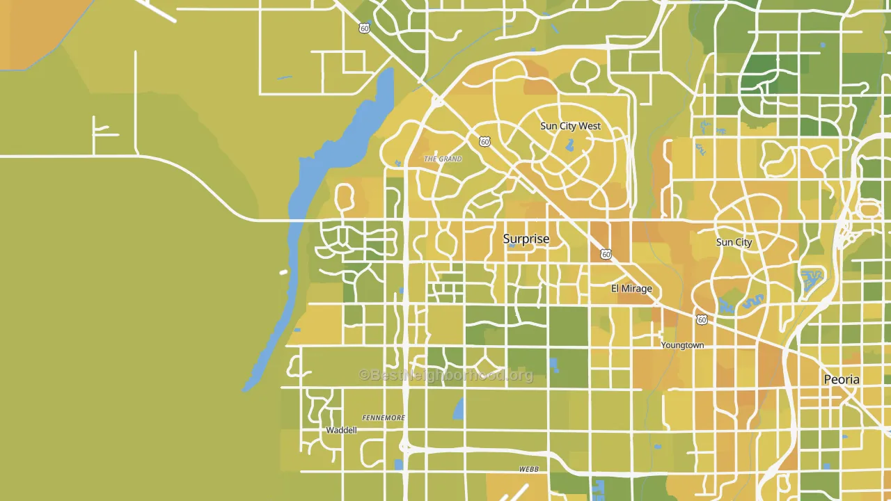 Map of the best neighborhoods in the Surprise area, with better matches in green and worse matches in red