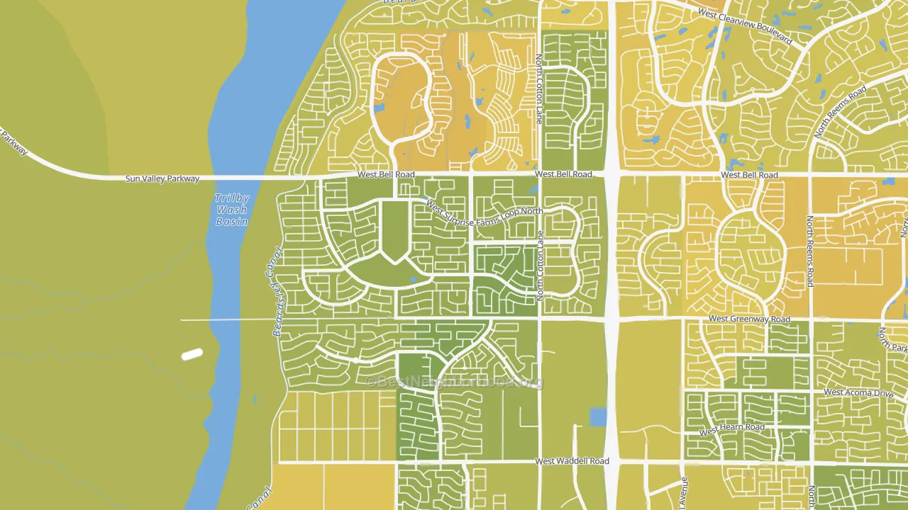 Map of the best neighborhoods in the Surprise Farms, Surprise area, with better matches in green and worse matches in red